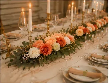 Bloemstuk in gebruik, op een lange tafel
