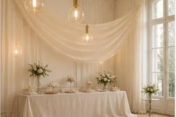 Decoratiedoek tule, off white in gebruik, feest