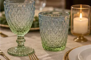 Boho diamantglazen blauw/groen (2 soorten) in gebruik, diner