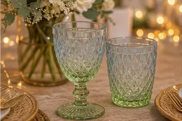 Boho diamantglazen blauw/groen (2 soorten) in gebruik, feest