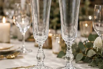Klassiek champagneglas in gebruik, diner