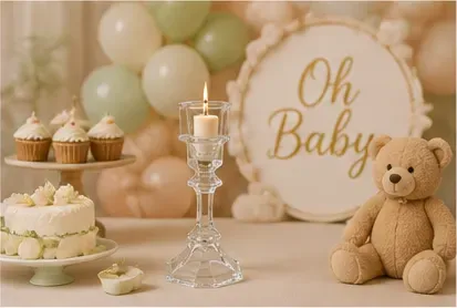 Glazen kandelaar in gebruik, babyshower
