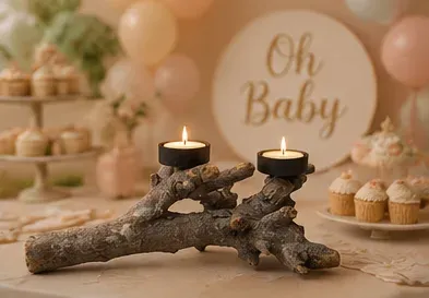 Kandelaar, boomtak (2 waxinelichtjes) in gebruik, babyshower