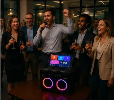 Karaokeset Ikarao Break X2 in gebruik, bedrijfsfeest