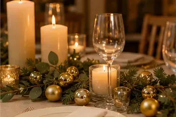 Kerstbal, goud (mat of glanzend) in gebruik, diner