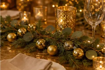 Kerstbal, goud (mat of glanzend) in gebruik, feest