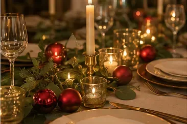 Kerstbal, rood (mat of glanzend) in gebruik, diner