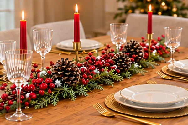 Kerstguirlande dennenappels in gebruik, diner