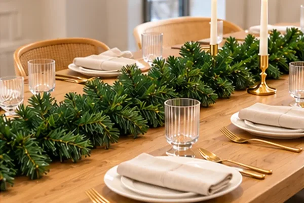 Kerstguirlande dennennaalden in gebruik, diner