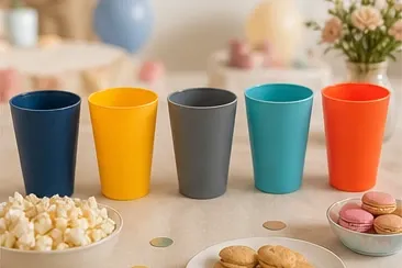 Effen kinderbeker (5 kleuren) in gebruik, feest