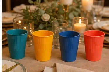 Ribbel kinderbeker (4 kleuren) in gebruik, diner