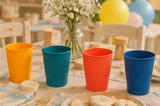 Ribbel kinderbeker (4 kleuren) in gebruik, feest