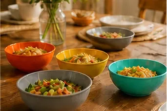 Effen kinderkom (5 kleuren) in gebruik, diner