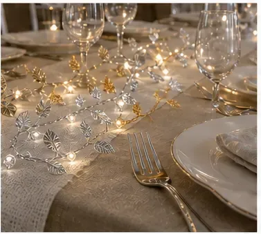 Koperdraad ledverlichting, blaadjes (goud of zilver) in gebruik, diner