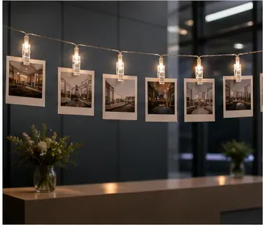 Foto led-lichtsnoer met knijpertjes in gebruik, bedrijfsevenement