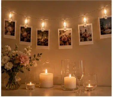 Foto led-lichtsnoer met knijpertjes in gebruik, diner
