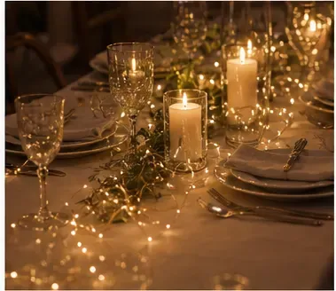 Koperdraad ledverlichting (wit, geel of paars) in gebruik, diner