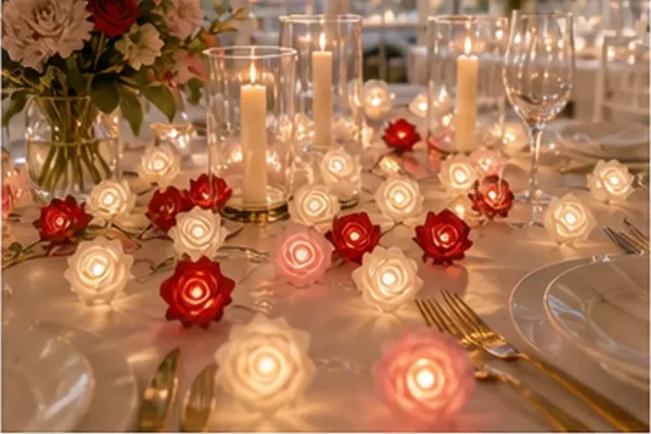 Rozenbloem lichtsnoer (roze, wit of rood/wit) in gebruik, diner