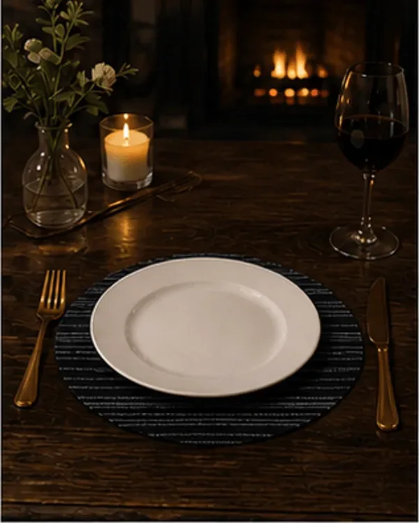 Placemat gestreept, zwart-zilver in gebruik, diner