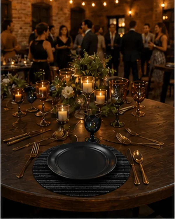 Placemat gestreept, zwart-zilver in gebruik, feest