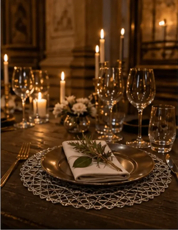 Placemat geweven touw (3 kleuren) in gebruik, diner