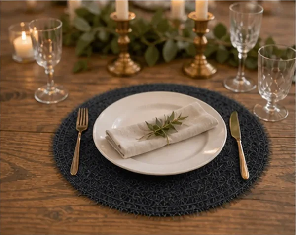 Placemat glinster, zwart in gebruik, diner