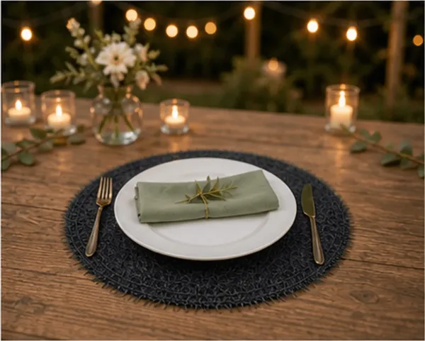 Placemat glinster, zwart in gebruik, feest