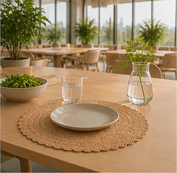 Placemat, zandbruin in gebruik, bedrijfsevenement