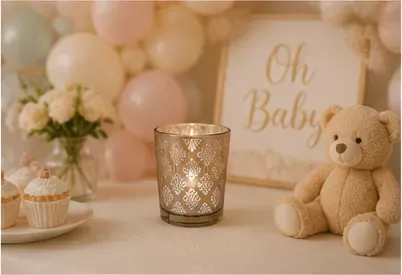 Theelichthouder, damastpatroon in gebruik, babyshower