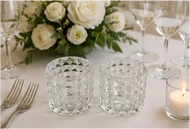 Theelichthouders, geslepen glas (set van 2) in gebruik, bruiloft