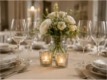 Theelichthouders, mercury goud (set van 2) in gebruik, dinersetting