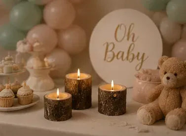 Waxinelichthouders, boomstam (set van 3) in gebruik, babyshower