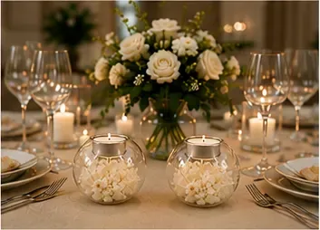 Windlicht met droogbloemen, bol in gebruik, dinersetting