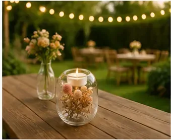 Windlicht met droogbloemen, hoog in gebruik, buitenfeest